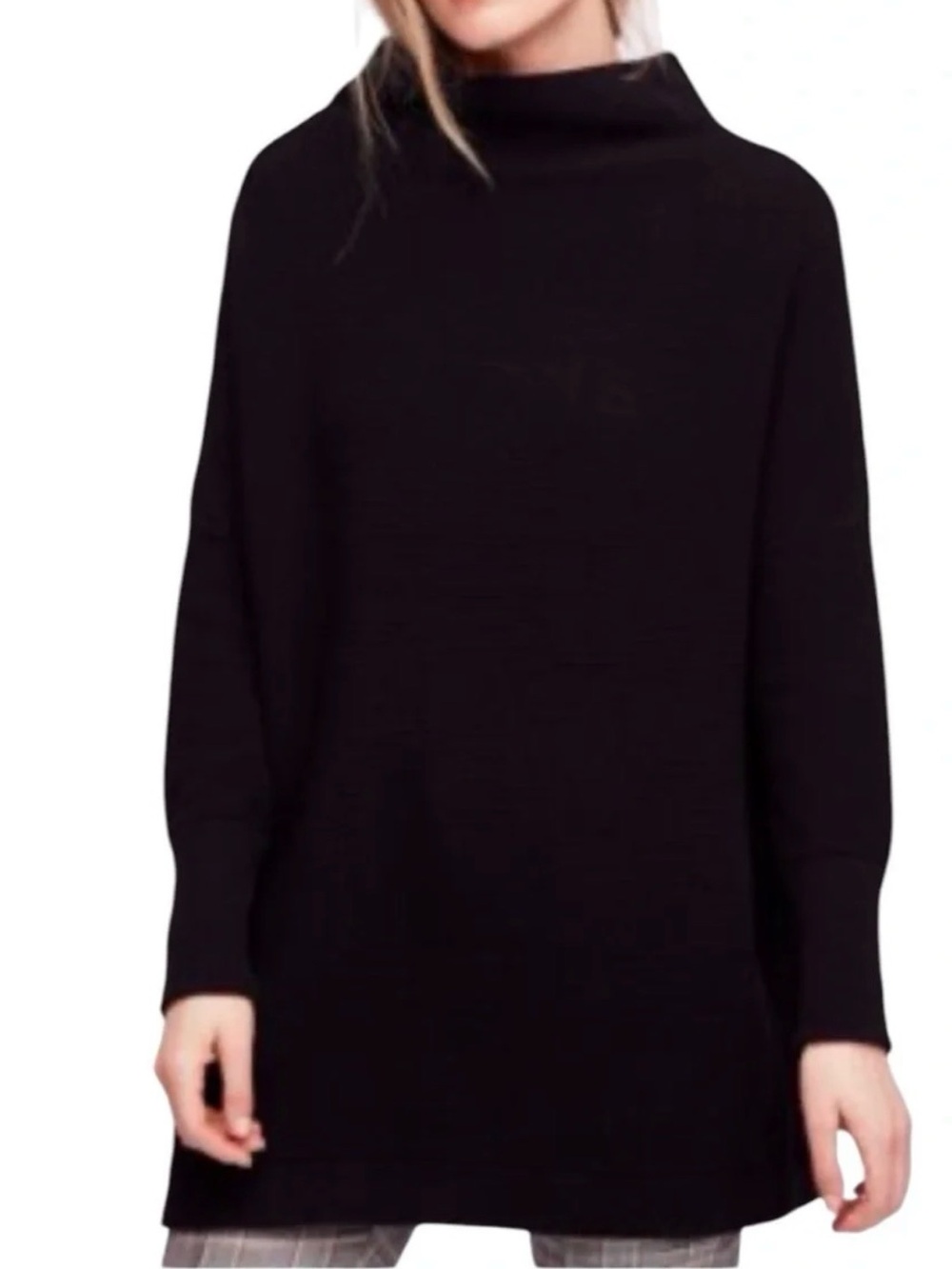 Free People Slouchy Tunic Black Funnel Neck Knit Sweater